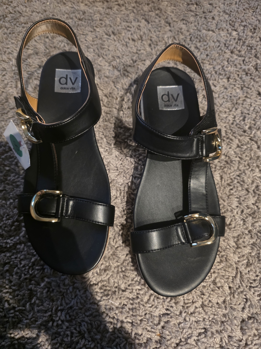 DV Dolce Vita Black Leather Sandals with Gold Buckles